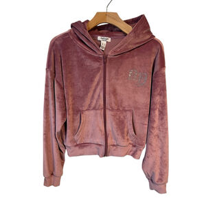 Refuge Hoodie Jacket Womens L Mauve Velour Velvet Full Zip Rinestone NEW YORK